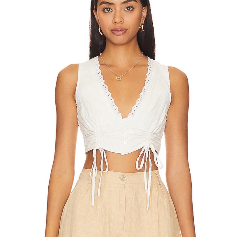 Lace-Trim White Crop Tank Top with Drawstring Sides